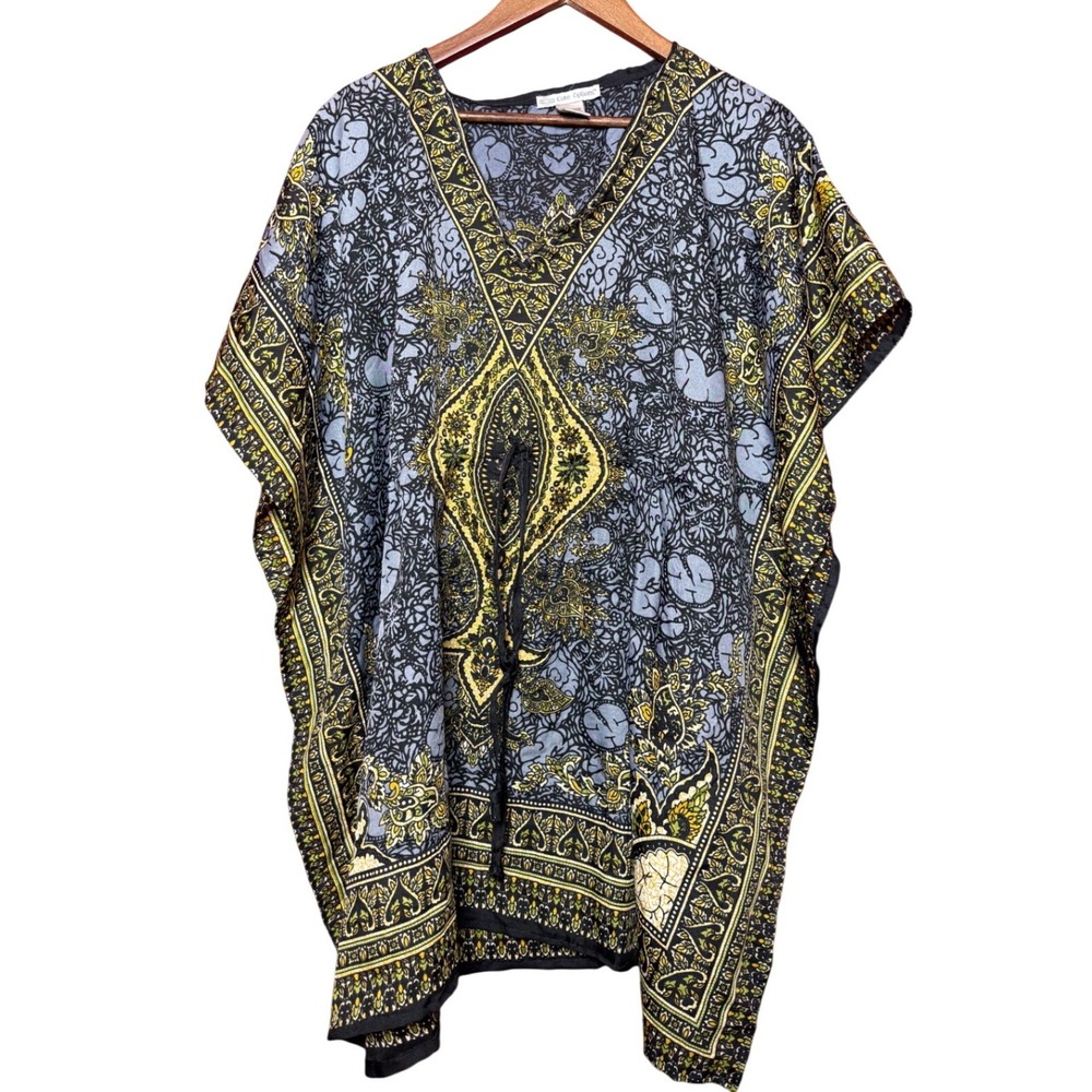 Cute Options Women Free Size Paisley Floral Kaftan Tunic Blue Yellow‎ Rayon